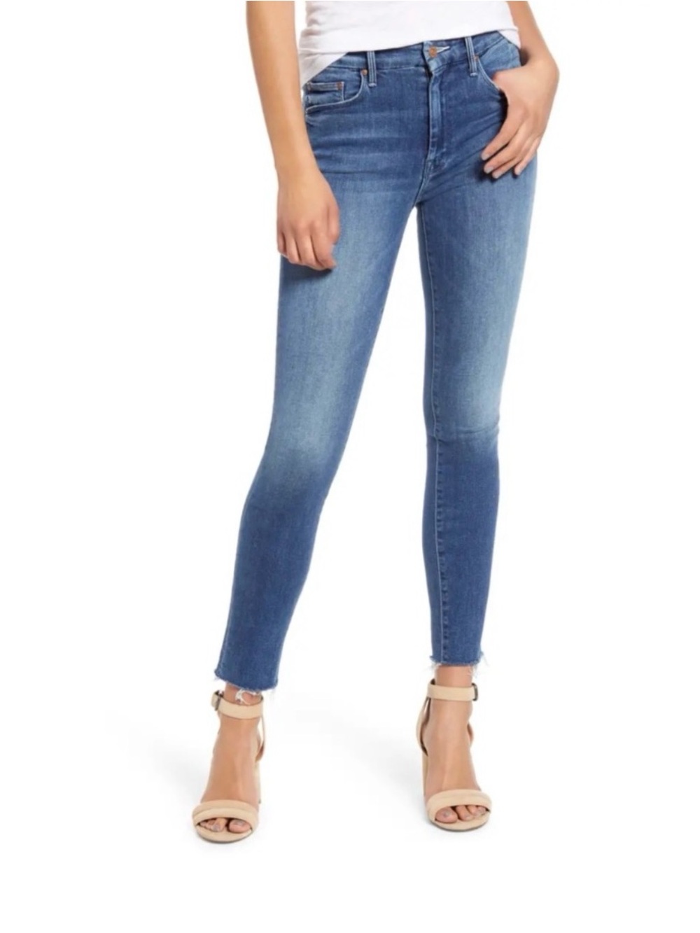 MOTHER The Looker Ankle Raw Hem Blue Cropped High-Rise Skinny Jeans